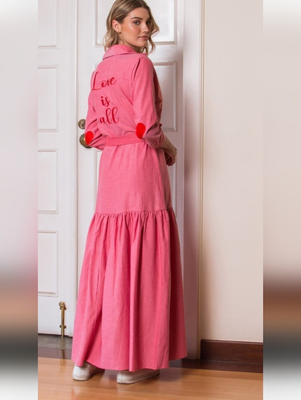 JoAguirre Passionate Collection maxi dress features pink linen material